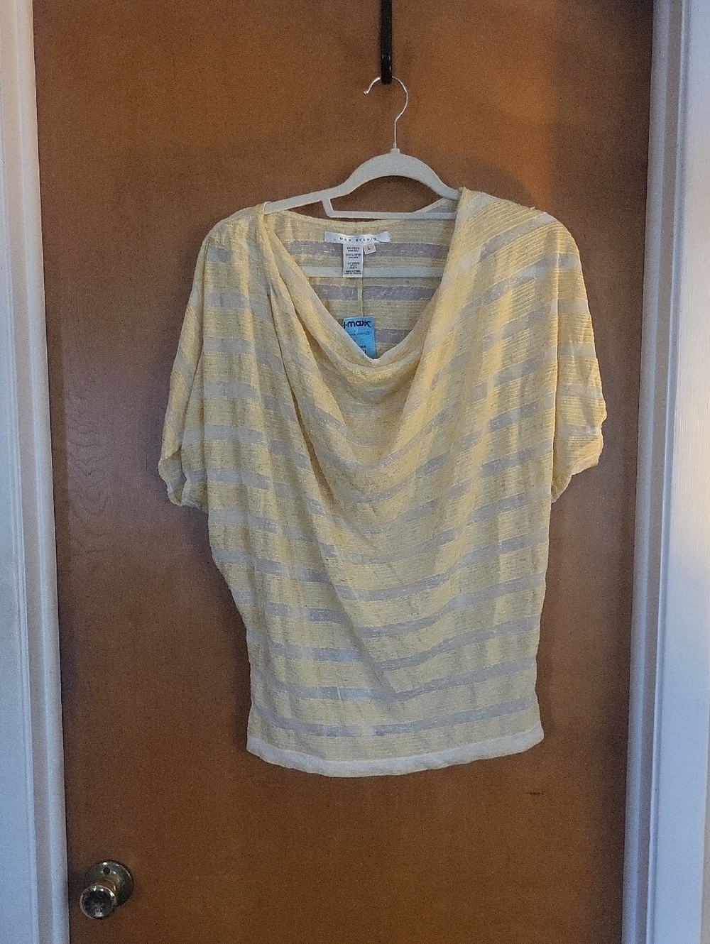 Max Studio Yellow and White Striped Cowl-Neck Top